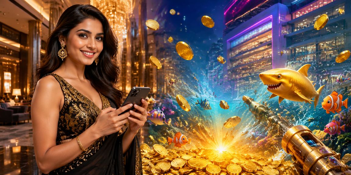 Bright neon themed fishing game on mobile device